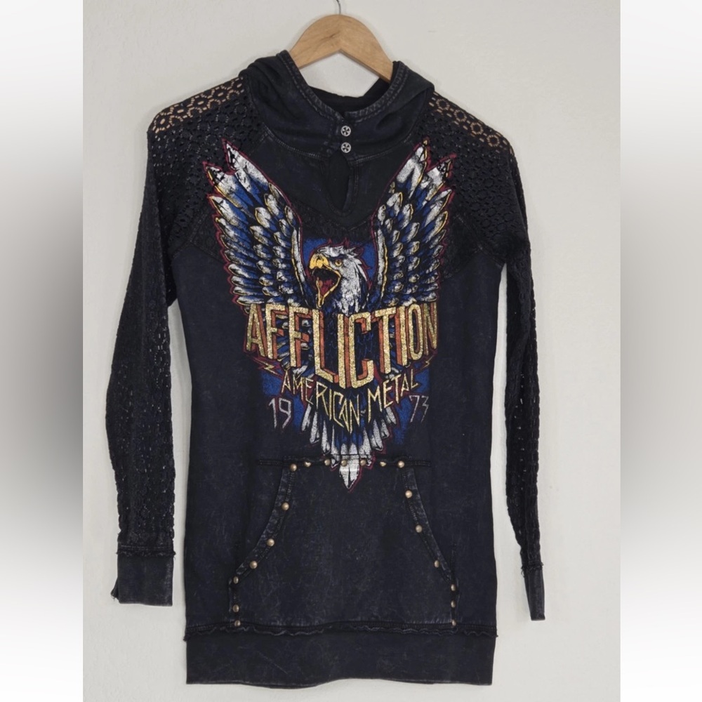 Affliction Born To Run Graphic Hooded Sweatshirt Lace-Long Sleeve Pocket Women S
